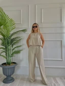 Kadın Eteği Balon Dar Kemerli Keten İkili Takım Bej thumbnail 6