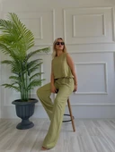 Kadın Eteği Balon Dar Kemerli Keten İkili Takım Haki thumbnail 6