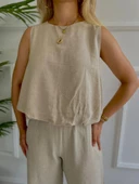 Kadın Eteği Balon Dar Kemerli Keten İkili Takım Bej thumbnail 3