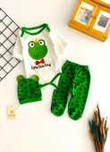 Neşeli Bebekler Kurbağa Baskılı Bereli Ayağı Patikli Üçlü Takım thumbnail 1