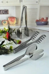 Hazarpazar Hazarpazar Paslanmaz Çelik 3'Lü Maşa Seti Pasta Salata Ve Makarna Maşası - 1