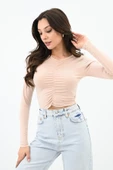 Kadın Büzgülü Uzun Kollu Croptop Bluz 1654-24 - 9