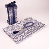 Tesbih + Seccade Hediye Seti (Desenli Dik Asetat Kutu, Lacivert) - 1