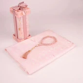 Tesbih + Seccade Hediye Seti (Desenli Dik Asetat Kutu, Pudra Pembe) - 1