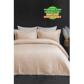 Ponponlu Çift Kişilik %100 Pamuk Yatak Örtüsü ( Pike ) Takımı Bej - 1
