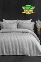 Evlen Home Ponponlu Çift Kişilik %100 Pamuk Yatak Örtüsü ( Pike ) Takımı Gri - 1