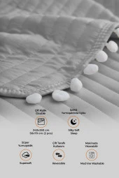 Evlen Home Ponponlu Çift Kişilik %100 Pamuk Yatak Örtüsü ( Pike ) Takımı Gri - 2