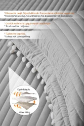 Evlen Home Ponponlu Çift Kişilik %100 Pamuk Yatak Örtüsü ( Pike ) Takımı Gri - 3