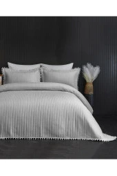 Evlen Home Ponponlu Çift Kişilik %100 Pamuk Yatak Örtüsü ( Pike ) Takımı Gri - 6