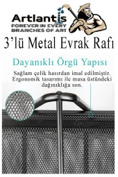 Metal Evrak Rafı 3 lü 1 Paket Masa Üstü A4 Dosya Düzenleyici Kağıt Tepsisi Fileli Üç Katlı Hareketli - 3