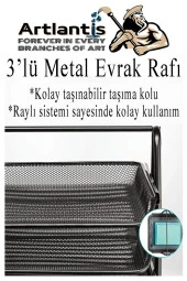 Metal Evrak Rafı 3 lü 1 Paket Masa Üstü A4 Dosya Düzenleyici Kağıt Tepsisi Fileli Üç Katlı Hareketli - 4