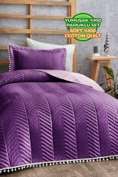 Ponponlu %100 Pamuk Tek Kişilik Günlük Yatak Örtüsü ( Pike ) Takımı Seti Mor thumbnail 1