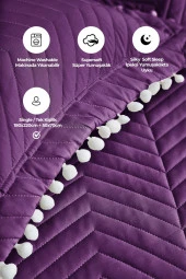 Ponponlu %100 Pamuk Tek Kişilik Günlük Yatak Örtüsü ( Pike ) Takımı Seti Mor thumbnail 2