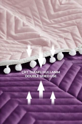 Ponponlu %100 Pamuk Tek Kişilik Günlük Yatak Örtüsü ( Pike ) Takımı Seti Mor thumbnail 3