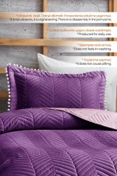 Ponponlu %100 Pamuk Tek Kişilik Günlük Yatak Örtüsü ( Pike ) Takımı Seti Mor thumbnail 4