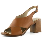 Erkan Saçmacı Soleil Taba Hakiki Deri Çapraz Bantlı Kalın Topuklu Sandalet - 1