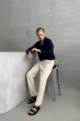 Erkek Beli Lastikli Baggy Kalıp Keten Pantolon - 9