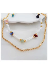Beyaz Seramik Boncuk & Doğal Taş Çakra & Zincir İkili Choker Kadın Kolye - 2