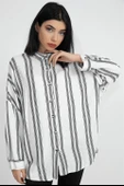 Balık Sırtı Kumaş Düşük Kol Çizgili Kadın Gömlek - Ekru thumbnail 5
