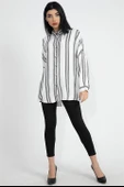 Balık Sırtı Kumaş Düşük Kol Çizgili Kadın Gömlek - Ekru thumbnail 1