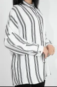 Balık Sırtı Kumaş Düşük Kol Çizgili Kadın Gömlek - Ekru thumbnail 6