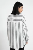 Balık Sırtı Kumaş Düşük Kol Çizgili Kadın Gömlek - Ekru thumbnail 4