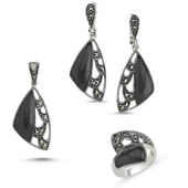 Gümüş Markazit Taşlı Kolye Ucu, Küpe & Yüzük Set - 1