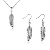 Gümüş Kaplama Tüy Şeklinde Sallamal Kolye Küpe Set - 1