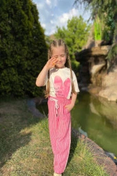 Kalp Desenli Dokuma Kumaş Pembe Renk Kız Çocuk Takım - 1