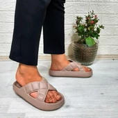 Akınalbella 408 Camel Renk Çapraz eva Hafif Rahat Bayan Terlik thumbnail 4