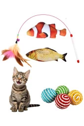 4 Adet İnteraktif Kedi Oyuncağı Seti, Kedi Oltası, Kedi Eğitim Topu, Kedi Oyuncağı thumbnail 1