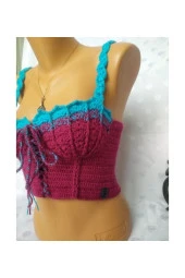 CROP TOP BÜSTİYER VİŞNE -MAVİ RENK HANDMADE - 3