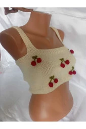 Crop Top Büstiyer Açık Sarı Kiraz Desenli Handmade - 4