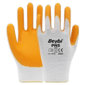 Beybi Nitril PMK PN5 Beyaz Sarı Örme Polyoster Nitril 10 Beden 12li Paket EN388 (3121X) - 1