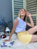 Kadın Kesik Paça Sarı Denim Şort thumbnail 4