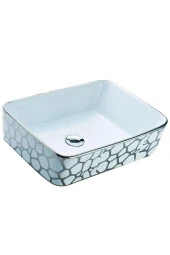 ÇANAK LAVABO KARE DİKDÖRTGEN GÜMÜŞ  37x48x13 CM TEZGAH ÜSTÜ SERAMİK KROM DESENLİ LÜKS - 2