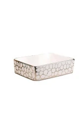 ÇANAK LAVABO KARE DİKDÖRTGEN GÜMÜŞ  37x48x13 CM TEZGAH ÜSTÜ SERAMİK KROM DESENLİ LÜKS - 3