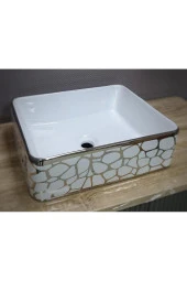 ÇANAK LAVABO KARE DİKDÖRTGEN GÜMÜŞ  37x48x13 CM TEZGAH ÜSTÜ SERAMİK KROM DESENLİ LÜKS - 4