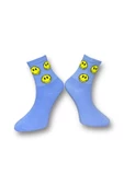 Me-vo Tekli Mavi Renkli Bay/Bayan Unisex Esnek Nem Alabilen Pamuklu Emoji Desenli Soket Çorap thumbnail 2