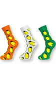 Me-vo  3'lü Çok Renkli Bay/Bayan Unisex Esnek Nem Alabilen Pamuklu Limon Desenli Soket Çoraplar thumbnail 1