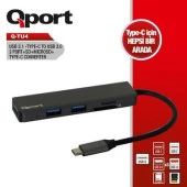 QPORT Q-TU4 3port Type-C & USB 3.0 Kart Okuyucu Siyah USB Çoklayıcı Hub - 1