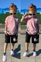 Space Men Yazı Desenli Pembe Renk Erkek Çocuk Şortlu Takım - 1