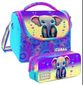 Coral High Pembe Turkuaz Fil Desenli Kız Çocuk Isı Yalıtımlı Beslenme Çantası ve Kalemlik Seti thumbnail 1