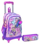 Coral High Pembe Mor Fashion Girl Işıklı Tekerlekli Çekçek Çanta ve Kalemlik Seti - Kız Çocuk - 1