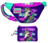 Coral High Kız Çocuk Pembe Su Yeşili Unicorn Desenli Bel Çantası ve Bozuk Para Cüzdanı Set - 1