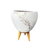 Bitki Tasarımı Beyaz Üzeri Gold Mermer Efektli Toprak Saksı Saksılık Salon Çiçeklik 3 Ayaklı - 15 Cm thumbnail 3