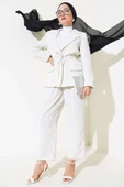 Bel Lastikli Çizgili Ceket Takım Ekru thumbnail 1
