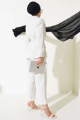 Bel Lastikli Çizgili Ceket Takım Ekru thumbnail 3