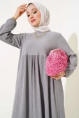 Kol Lastikli Bürümcük Elbise Gri thumbnail 2
