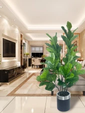 Nettenevime Yapay Ağaç Keman Yapraklı Kavuçuk Yeşil Salon Bitkisi Siyah Gümüş Galvaniz Saksıda 140cm - 2